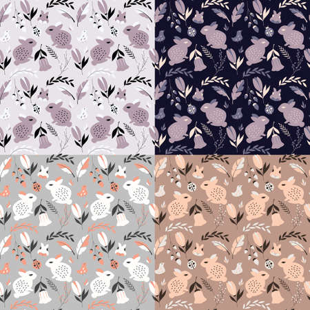 Collection of four seamless patterns with rabbits, lady bugs, birds and flowers, vector illustrationのイラスト素材