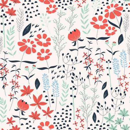 Seamless pattern design with hand drawn flowers and floral elements, vector illustrationのイラスト素材