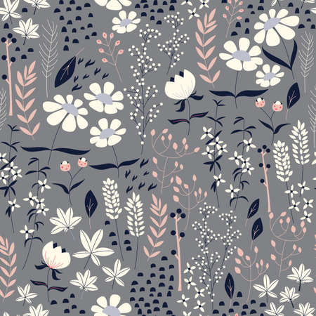 Seamless pattern design with hand drawn flowers and floral elements, vector illustrationのイラスト素材