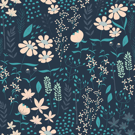 Seamless pattern design with hand drawn flowers and floral elements, vector illustrationのイラスト素材