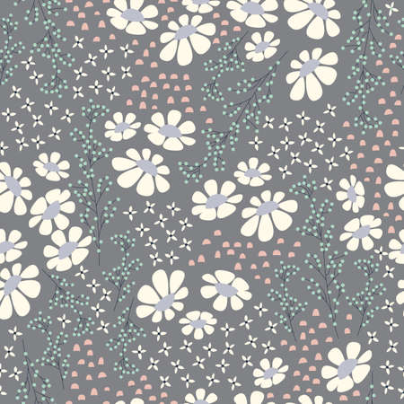 Seamless pattern design with hand drawn flowers and floral elements, vector illustrationのイラスト素材