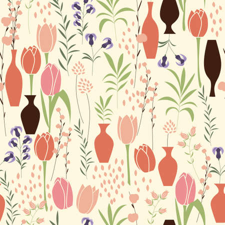 Vector seamless pattern with floral elements, spring flowers, tulips, lilies and vasesのイラスト素材