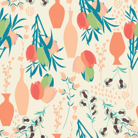 Vector seamless pattern with floral elements, spring flowers, tulips, lilies and vasesのイラスト素材