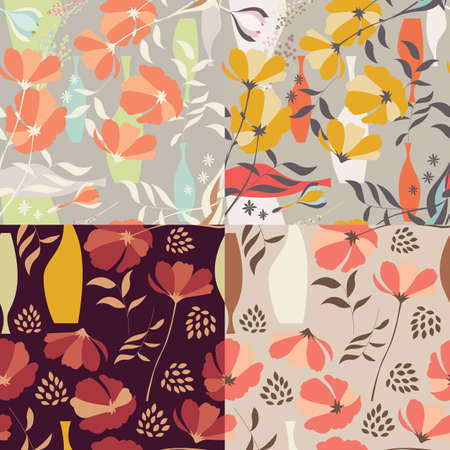 Collection of four vector seamless patterns with floral elements, spring flowers, poppies and vases, vector illustrationのイラスト素材