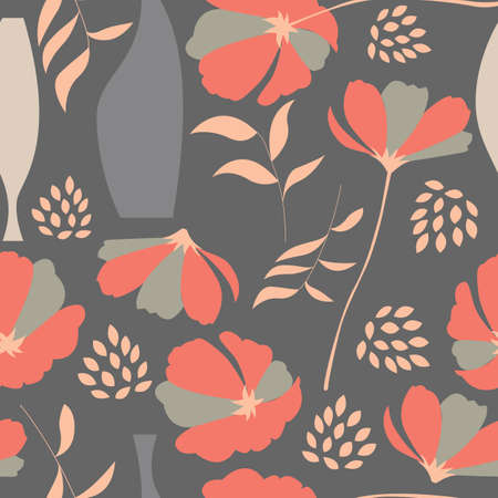 Vector seamless pattern with floral elements, spring flowers, poppies and vases, vector illustrationのイラスト素材
