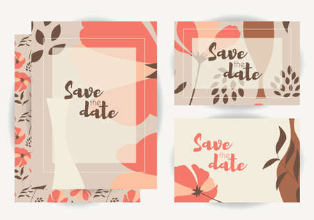 Wedding invitations, collection of vector wedding set with floral seamless pattern, vector illustrationのイラスト素材