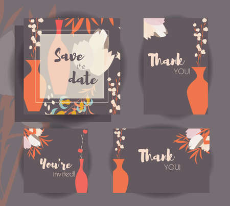 Wedding invitation card templates, wedding set with floral seamless pattern, vector illustrationのイラスト素材