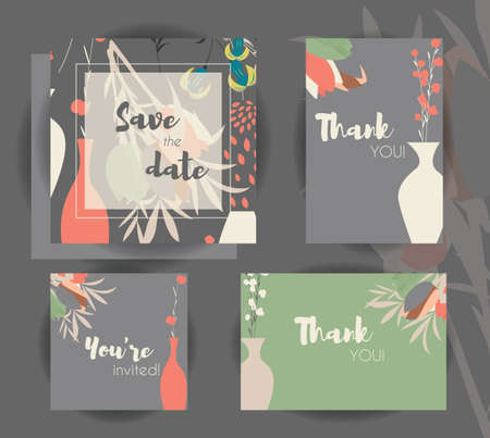 Wedding invitation card templates, wedding set with floral seamless pattern, vector illustrationのイラスト素材