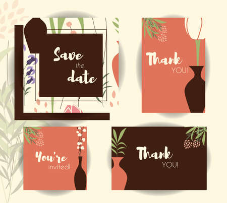 Wedding invitation card templates, wedding set with floral seamless pattern, vector illustrationのイラスト素材