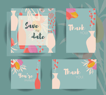 Wedding invitation card templates, wedding set with floral seamless pattern, vector illustrationのイラスト素材