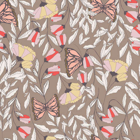 Vector traditional seamless pattern with Monarch butterflies, floral elements and spring flowers, vector illustrationのイラスト素材