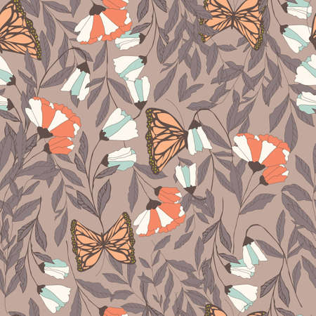 Vector traditional seamless pattern with Monarch butterflies, floral elements and spring flowers, vector illustrationのイラスト素材