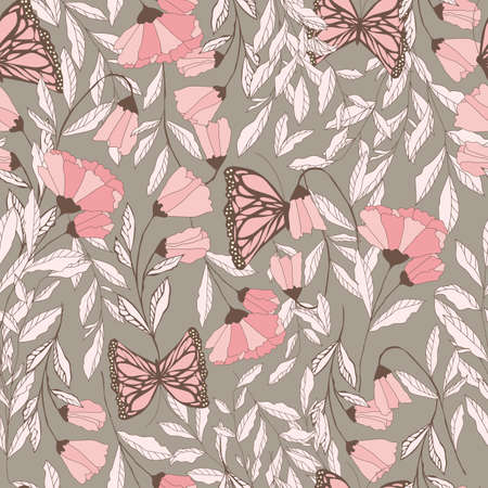 Vector traditional seamless pattern with Monarch butterflies, floral elements and spring flowers, vector illustrationのイラスト素材
