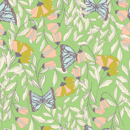 Vector traditional seamless pattern with Monarch butterflies, floral elements and spring flowers, vector illustrationのイラスト素材