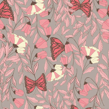 Vector traditional seamless pattern with Monarch butterflies, floral elements and spring flowers, vector illustrationのイラスト素材