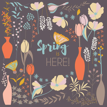 Floral spring card design, with hand drawn flowers, floral elements and monarch butterfliesのイラスト素材