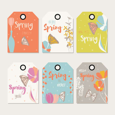 Spring floral gift tag design, with hand drawn flowers, floral elements, vases and monarch butterfliesのイラスト素材