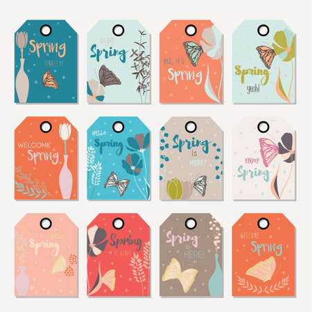 Spring floral gift tag design, with hand drawn flowers, floral elements, vases and monarch butterfliesのイラスト素材