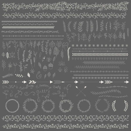 Hand drawn vintage leaves, arrows, feathers, wreaths, dividers, ornaments and floral decorative elements, vector illustrationのイラスト素材