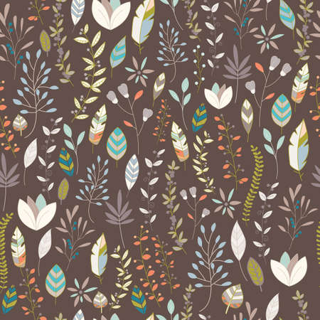 Seamless pattern design with hand drawn flowers, floral elements and feathers, vector illustrationのイラスト素材