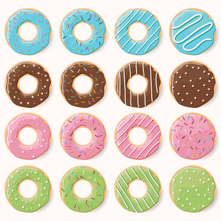 Collection of sixteen glazed colorful donuts with different flavorsのイラスト素材
