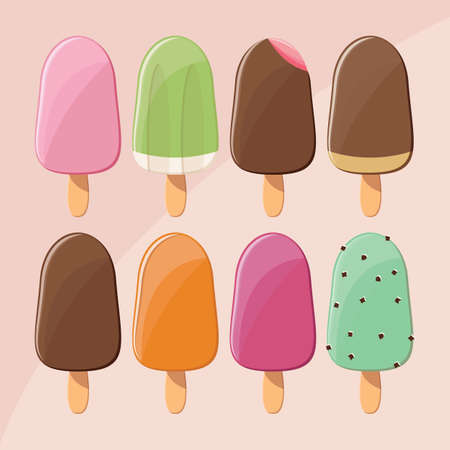 Collection of delicious glossy tasty ice cream popsicles, summer treat, vector illustrationのイラスト素材
