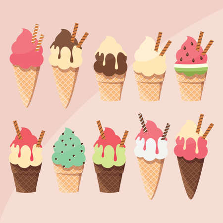 Collection of delicious tasty ice cream scoops and cones, summer treat, vector illustrationのイラスト素材