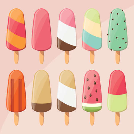 Collection of delicious glossy tasty ice cream popsicles, summer treat, vector illustrationのイラスト素材