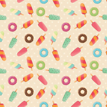 Seamless pattern with ice cream and colorful tasty donuts, vector illustrationのイラスト素材
