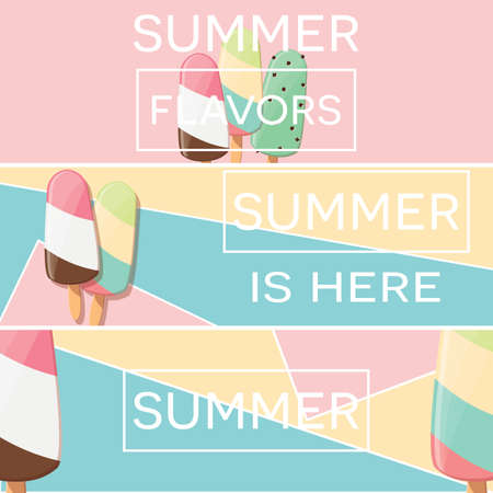 Three modern typographic summer poster designs with ice cream and geometric elements, vector illustrationのイラスト素材