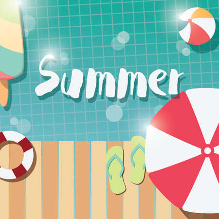 Modern typographic summer poster design with ice cream, swimming pool and geometric elements, vector illustrationのイラスト素材