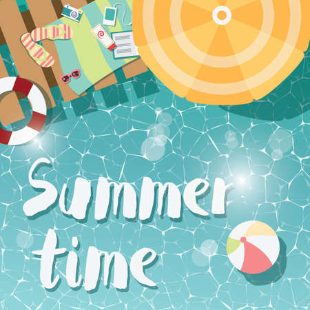 Modern typographic summer poster design flip flops, swimming pool and beach items, vector illustrationのイラスト素材