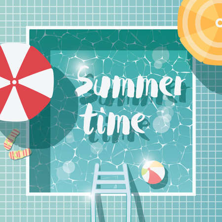 Swimming pool, top view, summer time holiday vacation, clear water with parasols, vector illustrationのイラスト素材