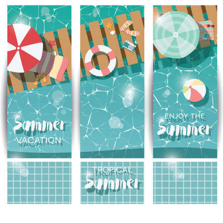 Three vertical banners with swimming pool, top view, tropical summer time holiday vacation, vector illustrationのイラスト素材