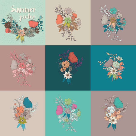 Vector flower bouquet, collection, botanical and floral decoration hand drawn, vector illustrationのイラスト素材