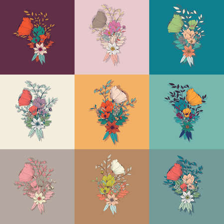 Vector flower bouquet, collection, botanical and floral decoration hand drawn, vector illustrationのイラスト素材