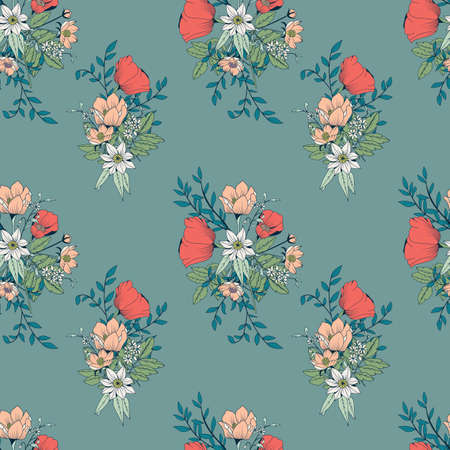 Seamless pattern design with hand drawn flowers and floral elements, vector illustrationのイラスト素材