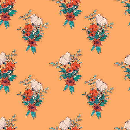 Seamless pattern design with hand drawn flowers and floral elements, vector illustrationのイラスト素材