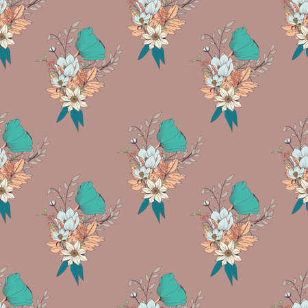 Seamless pattern design with hand drawn flowers and floral elements, vector illustrationのイラスト素材