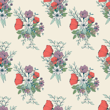 Seamless pattern design with hand drawn flowers and floral elements, vector illustrationのイラスト素材