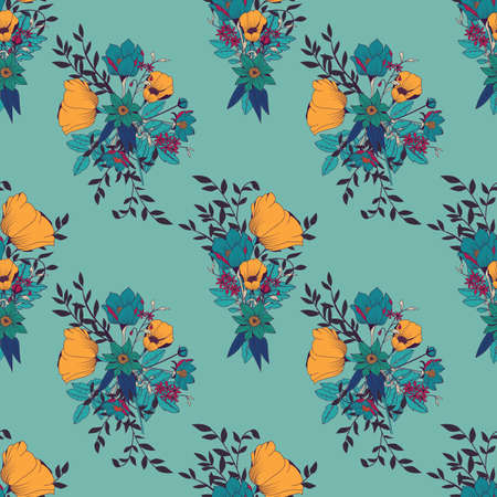 Seamless pattern design with hand drawn flowers and floral elements, vector illustrationのイラスト素材