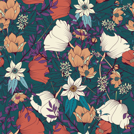 Seamless pattern design with hand drawn flowers and floral elements, vector illustrationのイラスト素材