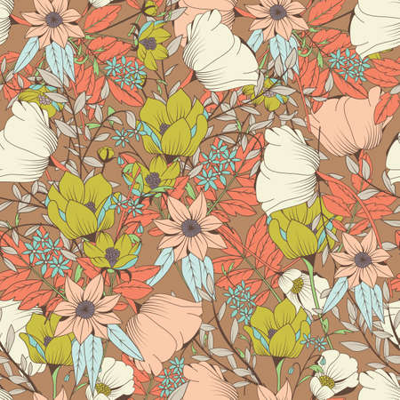 Seamless pattern design with hand drawn flowers and floral elements, vector illustrationのイラスト素材