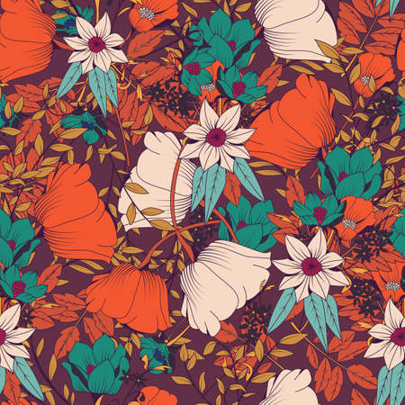 Seamless pattern design with hand drawn flowers and floral elements, vector illustrationのイラスト素材