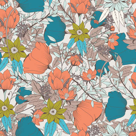 Seamless pattern design with hand drawn flowers and floral elements, vector illustrationのイラスト素材