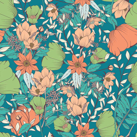 Seamless pattern design with hand drawn flowers and floral elements, vector illustrationのイラスト素材