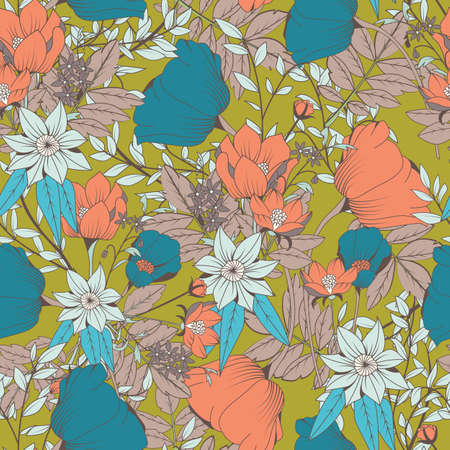 Seamless pattern design with hand drawn flowers and floral elements, vector illustrationのイラスト素材