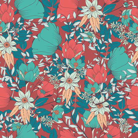 Seamless pattern design with hand drawn flowers and floral elements, vector illustrationのイラスト素材
