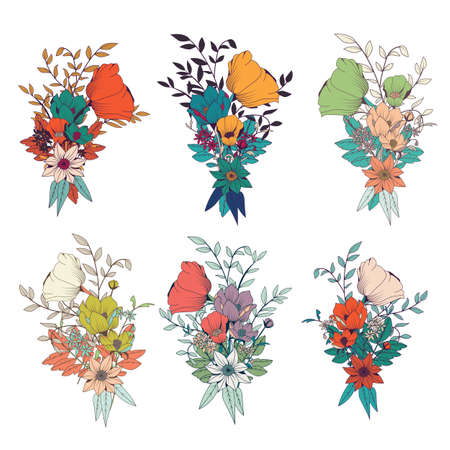 Hand drawn flower bouquets, for wedding invitations and birthday cards, vector illustrationのイラスト素材