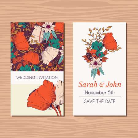 Wedding invitation card with hand drawn flower and ribbon background, vector illustrationのイラスト素材